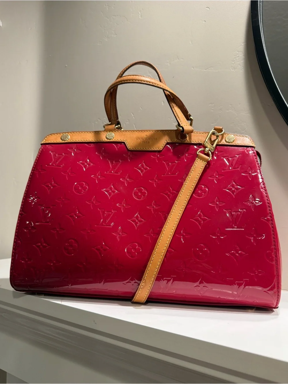 Louis Vuitton Red Vernis Brea MM Top Handle  Detachable Strap